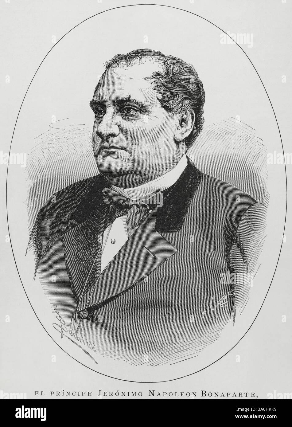 Prinz Napoléon-Jérôme Bonaparte (1822–1891), meist Jérôme Bonaparte, Napoléon-Jérôme Bonaparte oder Plon Plon genannt. Französischer Politiker. Hochformat. Zeichnung von Badillo. Stich von Arturo Carretero (1852-1903). La Ilustración Española y Americana (die spanische und amerikanische Illustration), 1883. Stockfoto