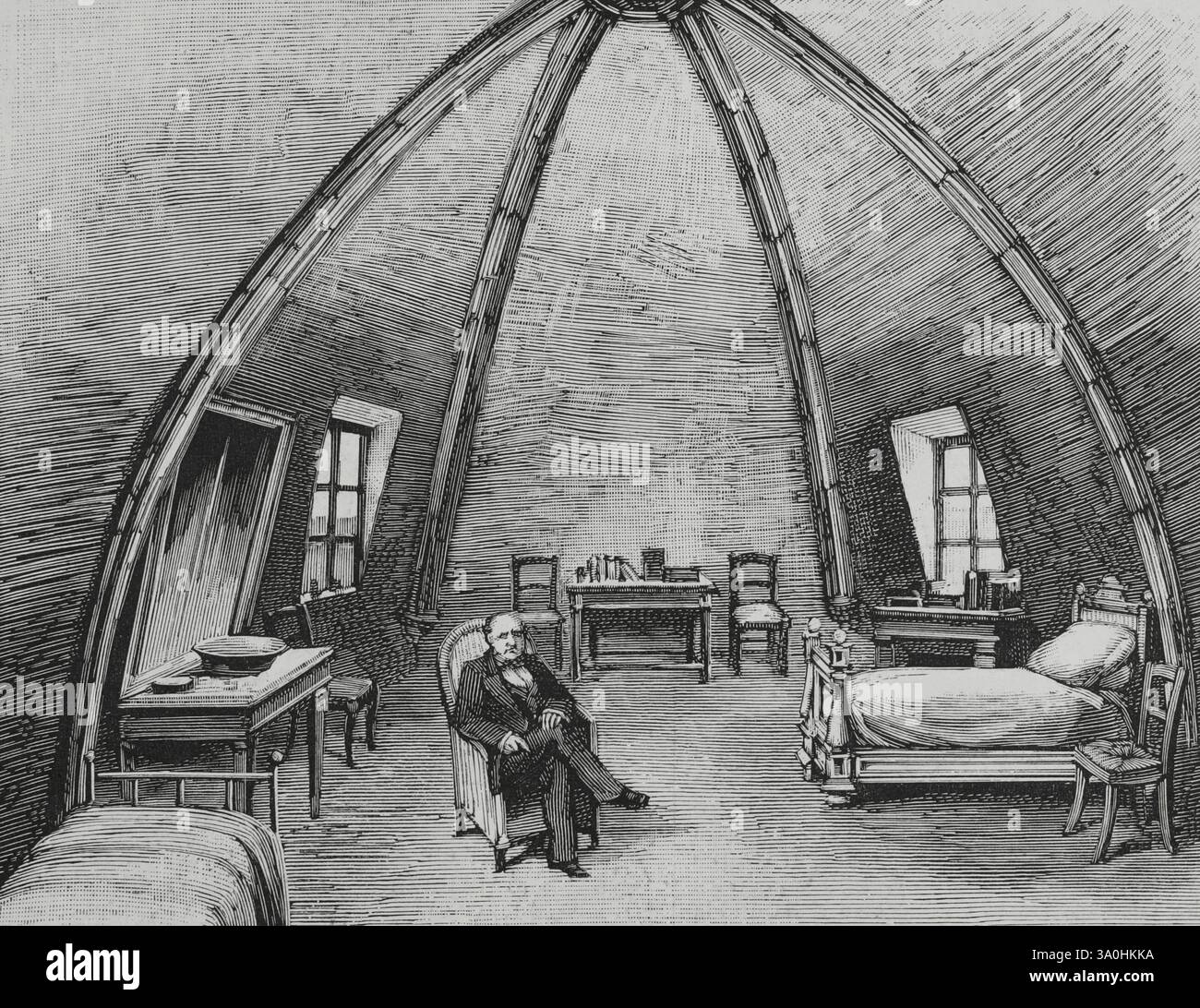 Prinz Napoléon-Jérôme Bonaparte (1822–1891), meist Jérôme Bonaparte, Napoléon-Jérôme Bonaparte oder Plon Plon genannt. Französischer Politiker. Im Januar 1883 veröffentlichte der Prinz ein Manifest, das ihn in der Conciergerie zu Haft brachte. Er wurde nach sechsundzwanzig Tagen Haft freigelassen, dank der Intervention der Kaiserin Eugénie, die nach Paris reiste, um seine Freilassung zu vermitteln. Gefängnis von Prinz Napoleon Joseph Charles Bonaparte in der Conciergerie (Paris, Frankreich). Gravur. La Ilustración Española y Americana (die spanische und amerikanische Illustration), 1883. Stockfoto