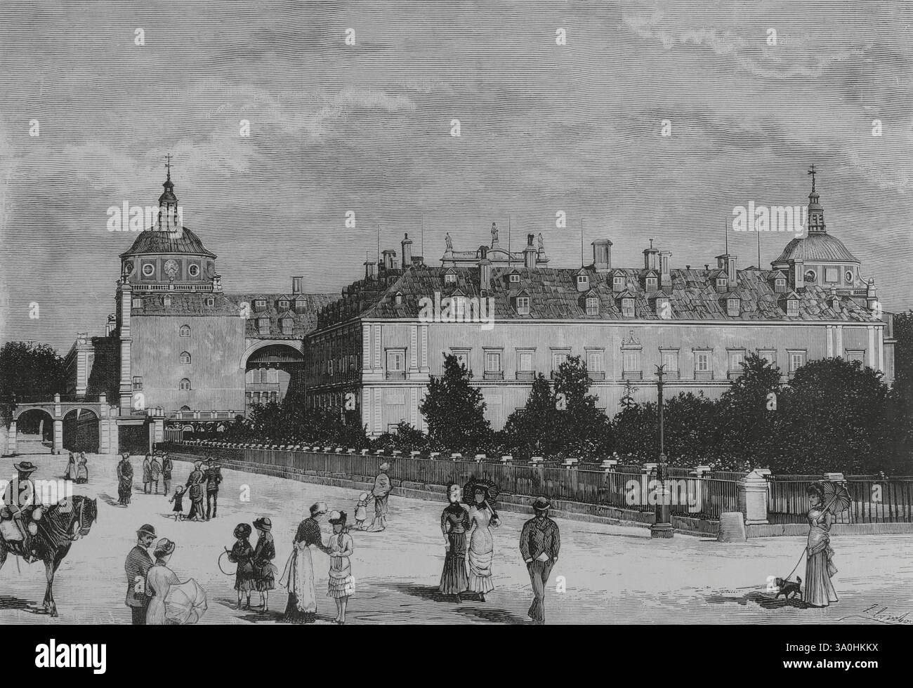 Aranjuez, Spanien. Der Königspalast. Außenansicht. Zeichnung von Juan Comba. Gravur. La Ilustración Española y Americana (die spanische und amerikanische Illustration), 1883. Stockfoto