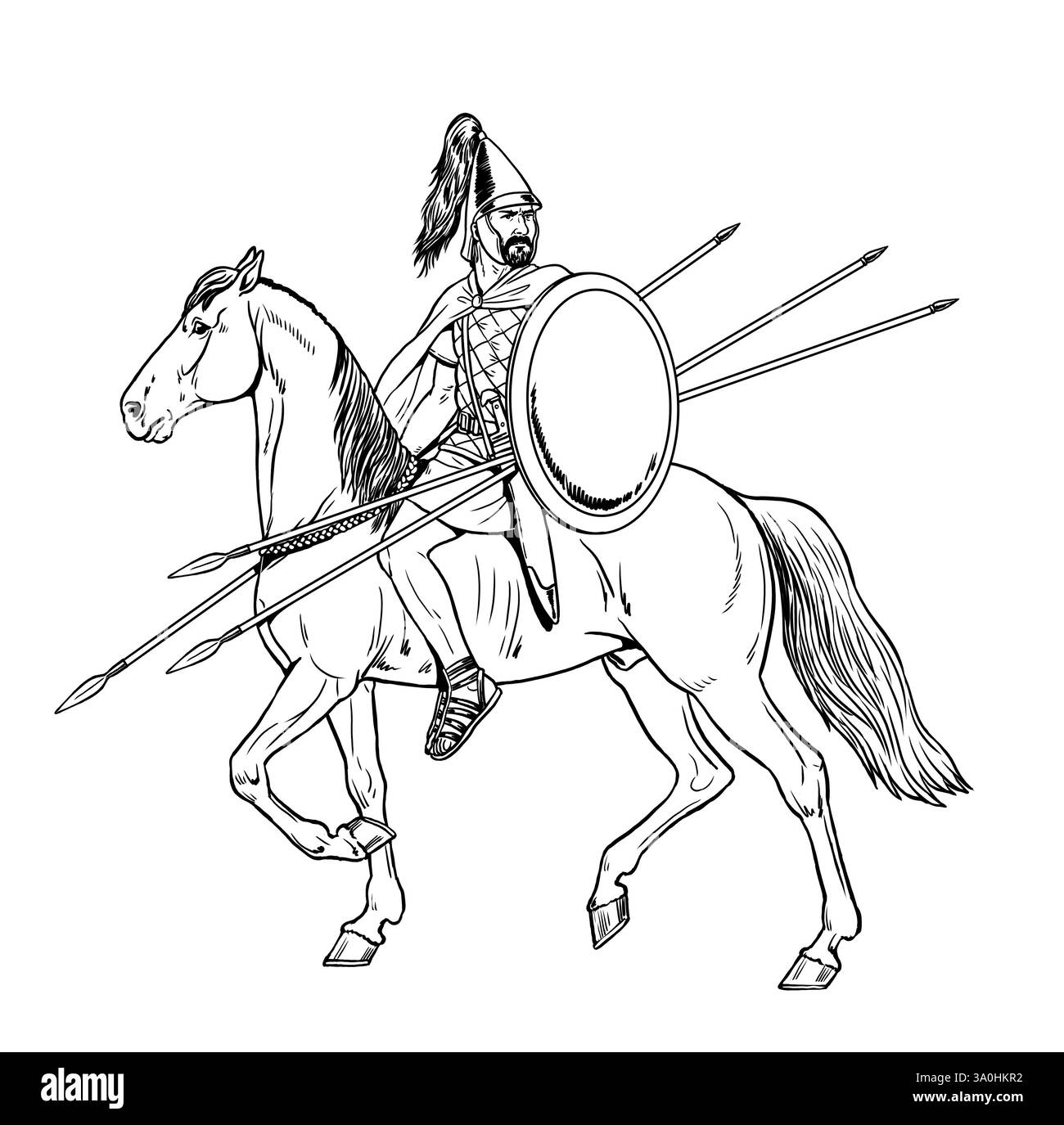 Der alte nubische Reiter im Angriff. Antike und mittelalterliche Kavallerie Zeichnung. Stockfoto