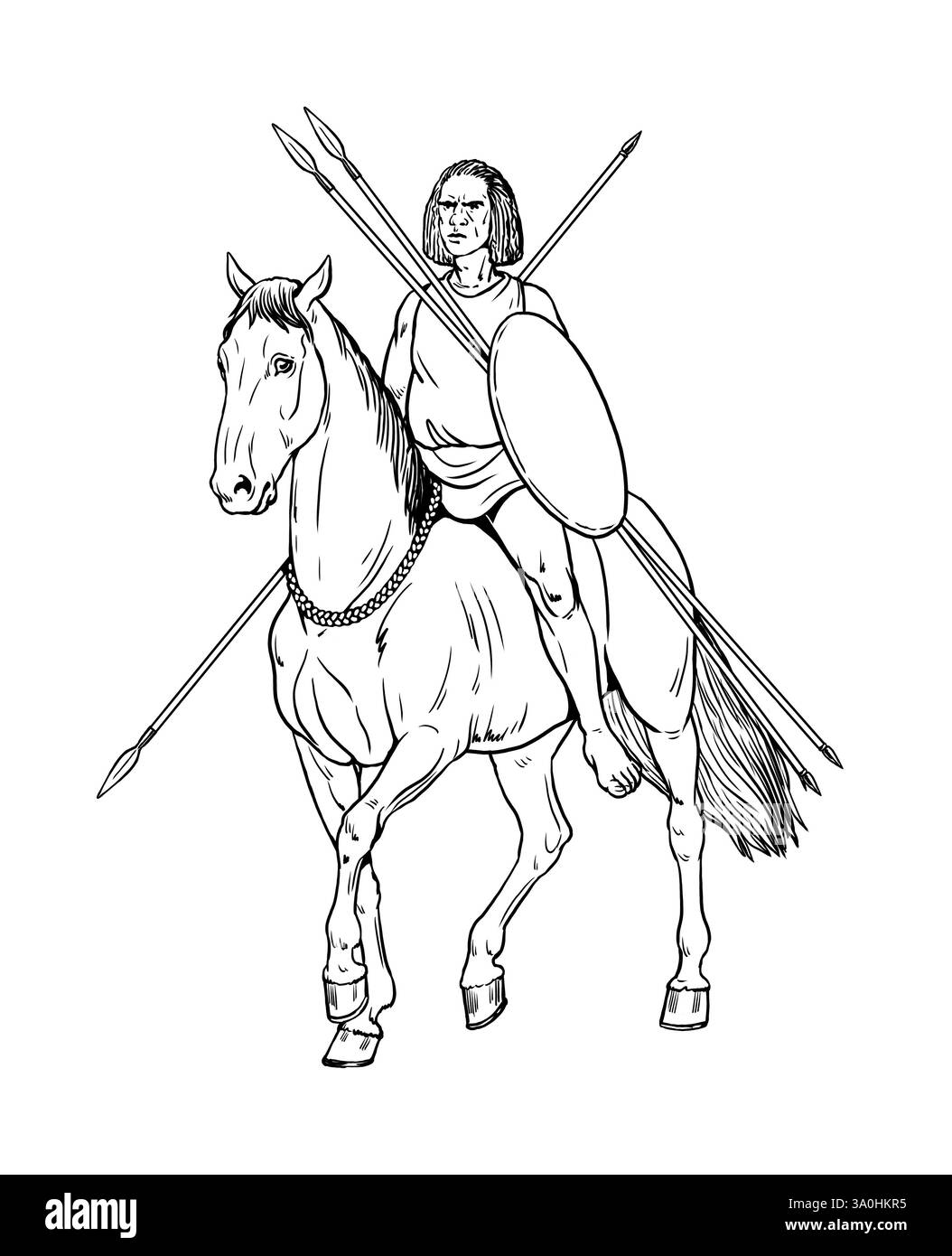 Der alte nubische Reiter im Angriff. Antike und mittelalterliche Kavallerie Zeichnung. Stockfoto