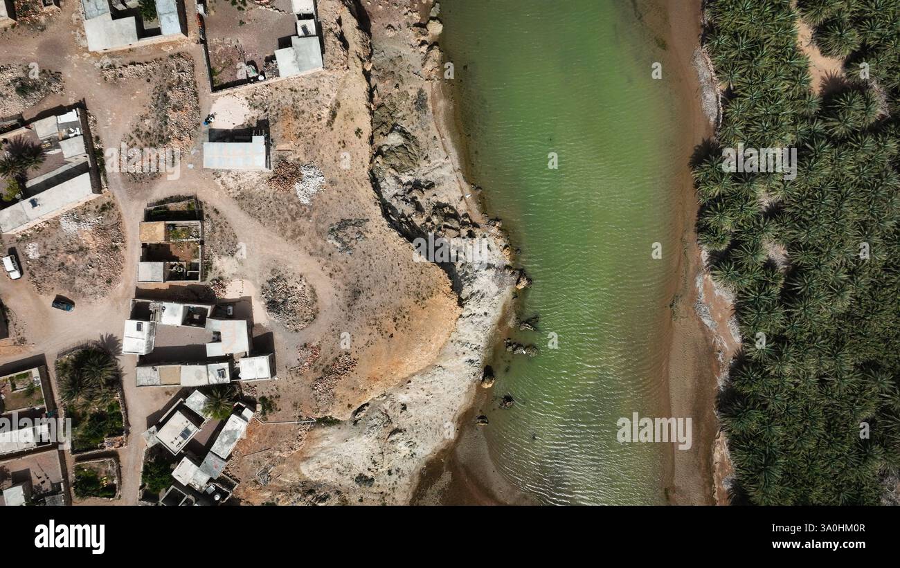 Erkunden Sie die einzigartige Schönheit von Socotra mit seinen üppigen Palmen und ruhigen Gewässern, die die Harmonie von Natur und Siedlung hervorheben. Stockfoto
