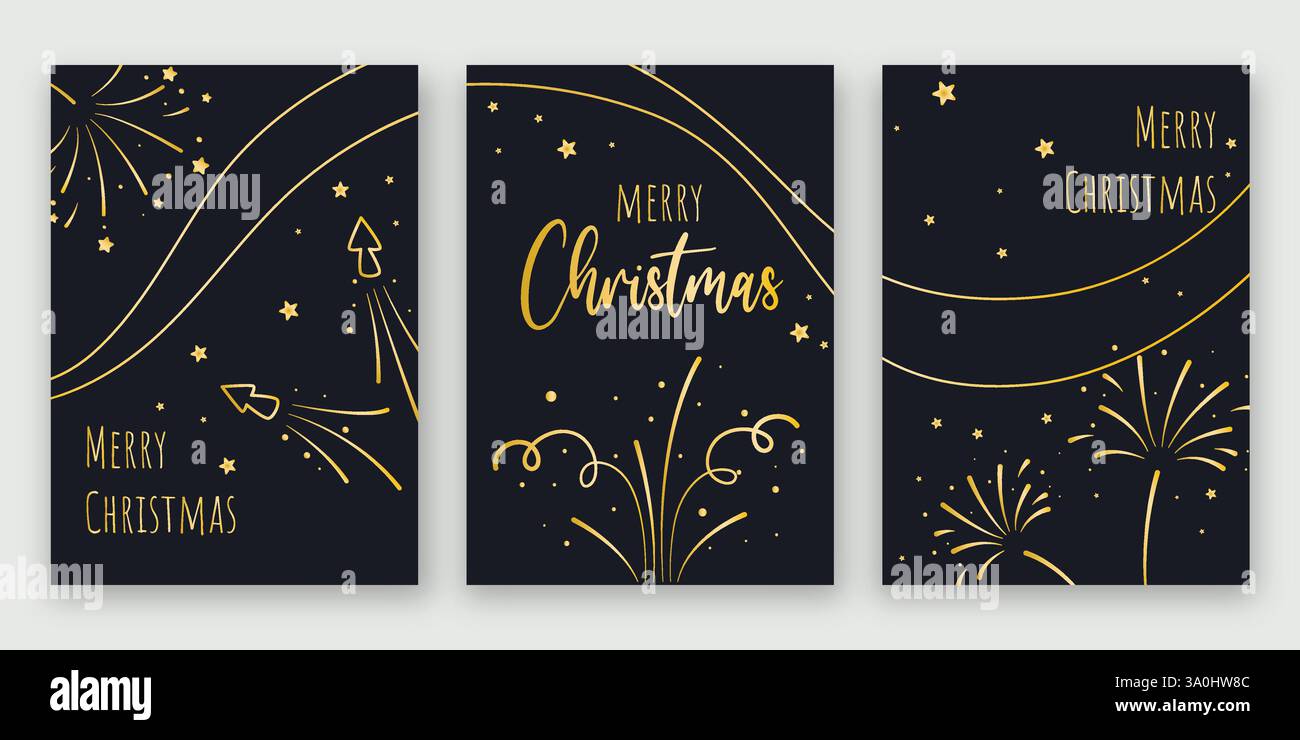 Weihnachtskarten mit goldenem Feuerwerk, Sternen und „Merry Christmas“-Schriftzug. Drei Vorlagen für Grußkarte, Layout, Flyer, Einladung oder Werbung Stock Vektor