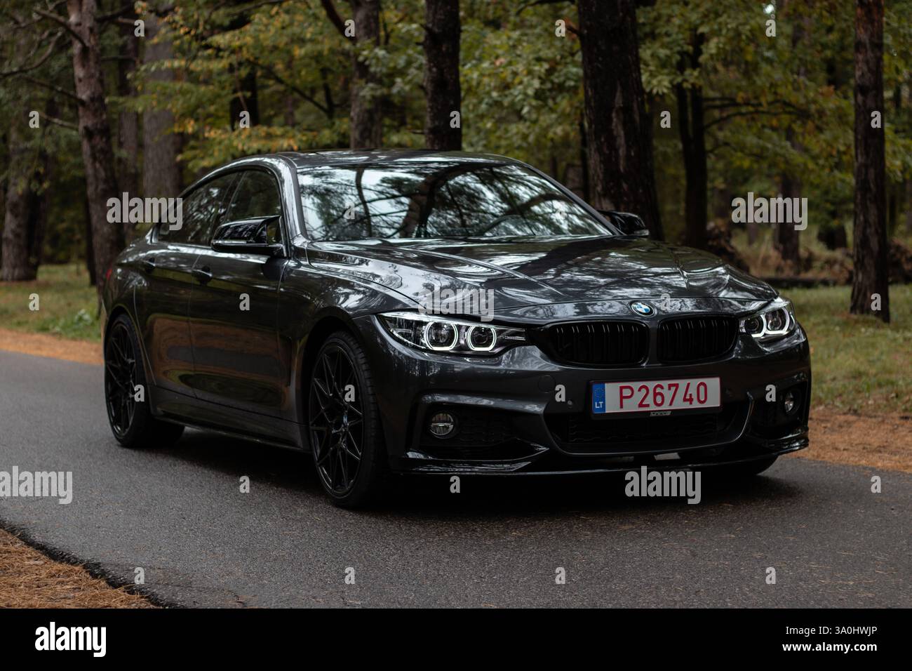 BMW 430i Gran Coupe (F36) in mineralgrauem Metallic-Profil auf einer Forststraße in Vilnius, Litauen, 5. Oktober 2024. Sommer Hintergrund. Stockfoto