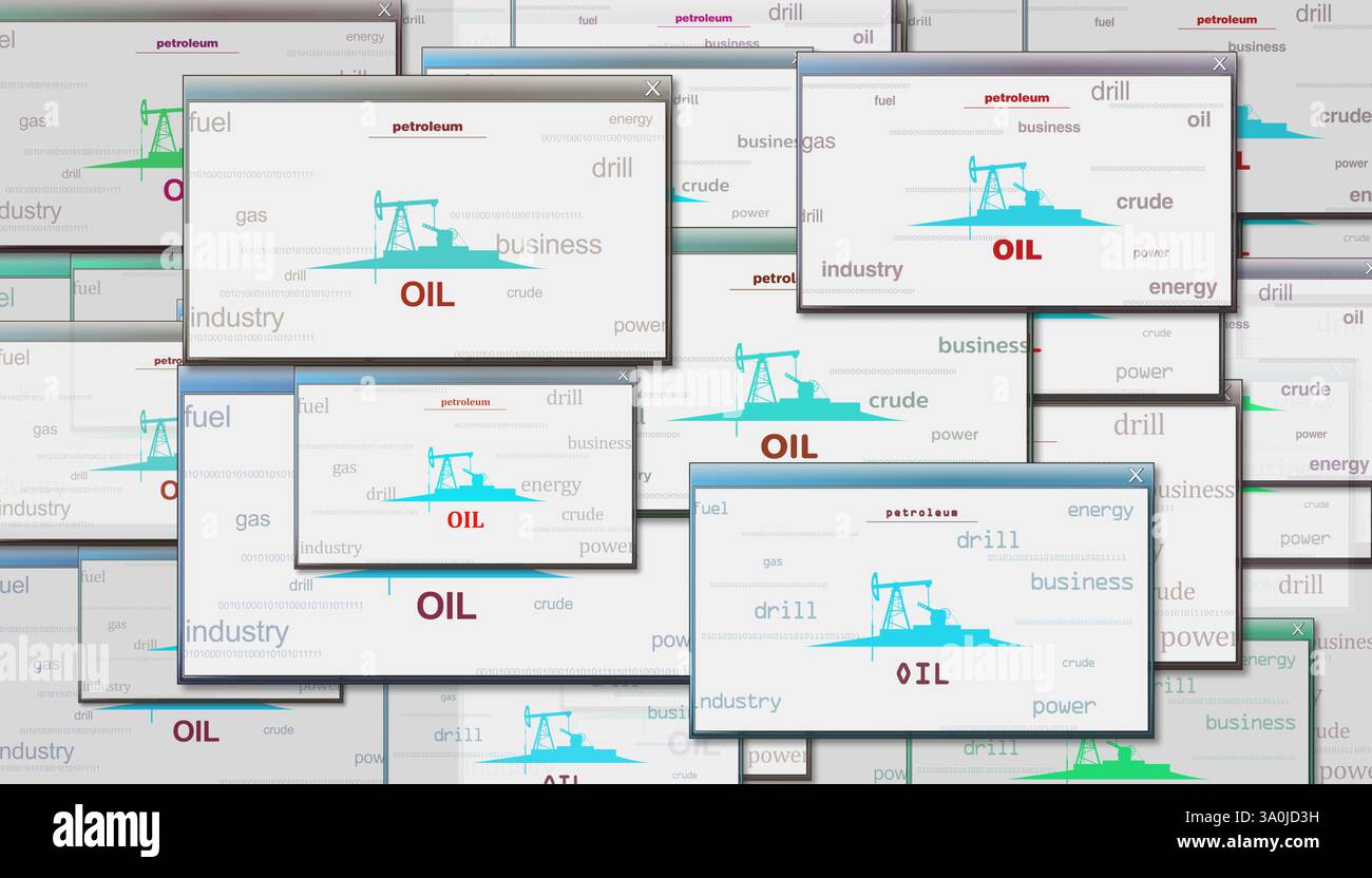Technologiekonzept Ölpumpe Mineralölbohrer Abstraktes Schild auf Störbildschirmen 3D-Illustration. Stockfoto