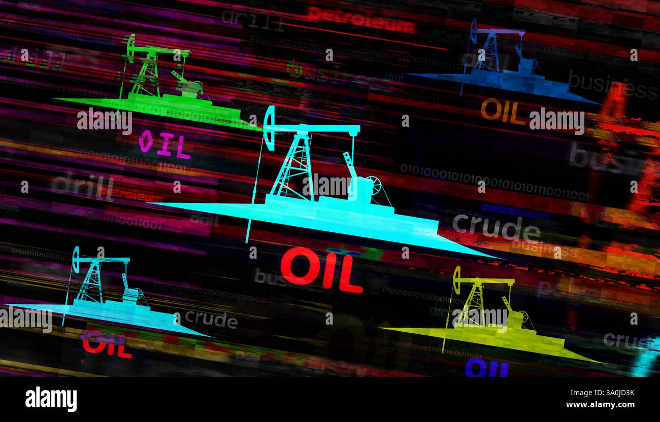 Technologiekonzept Ölpumpe Mineralölbohrer Abstraktes Schild auf Störbildschirmen 3D-Illustration. Stockfoto
