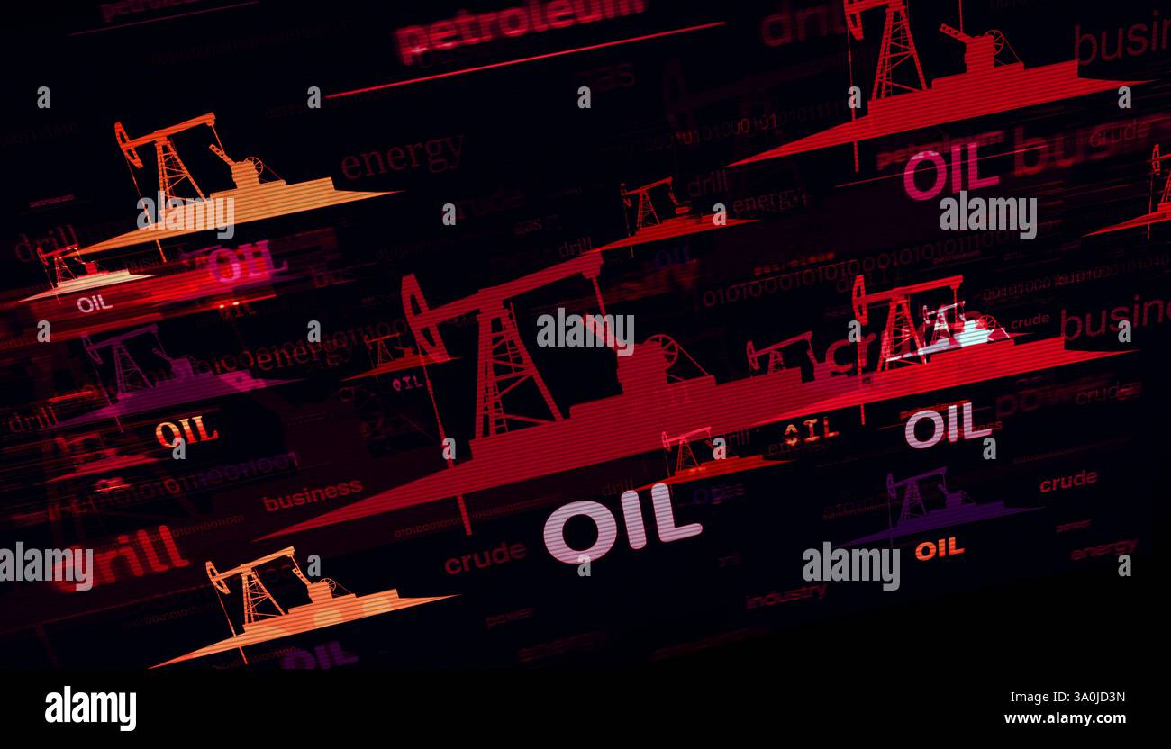 Technologiekonzept Ölpumpe Mineralölbohrer Abstraktes Schild auf Störbildschirmen 3D-Illustration. Stockfoto