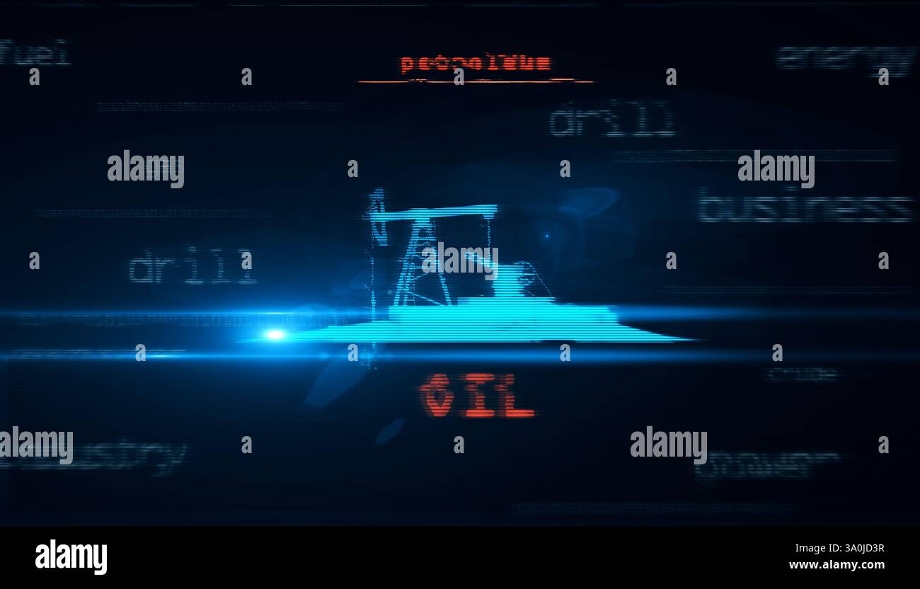 Technologiekonzept Ölpumpe Mineralölbohrer Abstraktes Schild auf Störbildschirmen 3D-Illustration. Stockfoto
