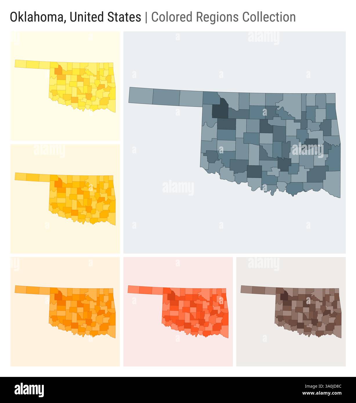 Oklahoma, Usa. Kartensammlung. Statusform. Farbige Bezirke. Blaugrau, Gelb, Bernstein, Orange, Deep Orange, braune Farbpaletten. Stock Vektor
