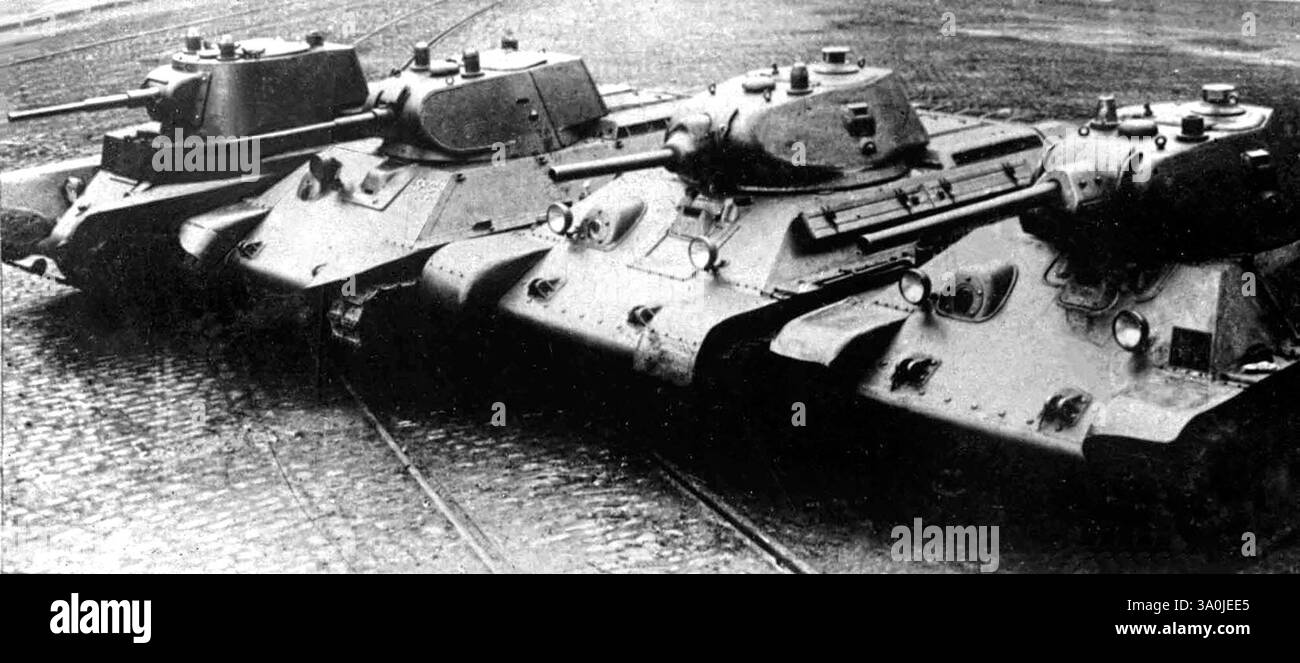BT-7, A-20, T-34 (Modell 1940) und T-34 (Modell 1941) Stockfoto