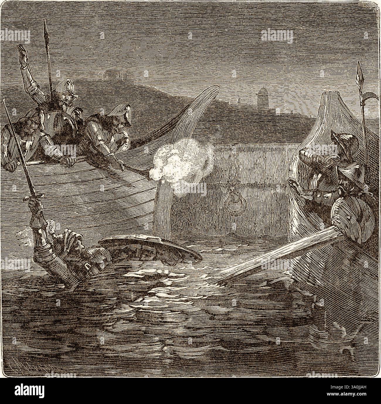 Fieschi-Verschwörung, alter Druck, die Verschwörung - Druck 1878 - Tod durch Ertrinken von Gianluigi Fieschi Stockfoto