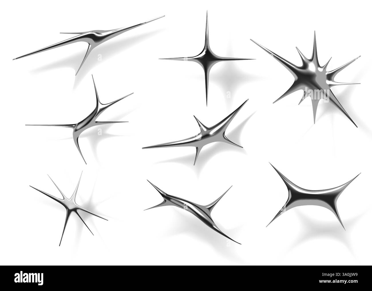 Hochglanzsterne. 3D-Widerhaken. Scharfe silberne Formen. Abstrakte Metallfiguren mit Schatten. Galaxy Chrom Metall. Platin- oder Quecksilberspitzen. Thorn reflektierend Stock Vektor