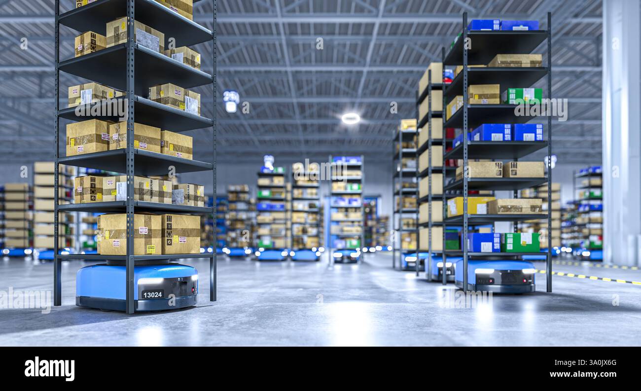 Automatisierte geführte Fahrzeuge transportieren Regale im modernen Lager 3d Stockfoto