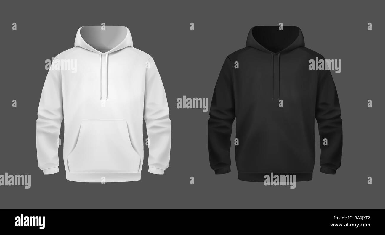 Stylischer Weißer Unisex-Hoodie. Vorder- und Rückansicht. Sport-Hoodies. Bequeme Kleidung. Stock Vektor
