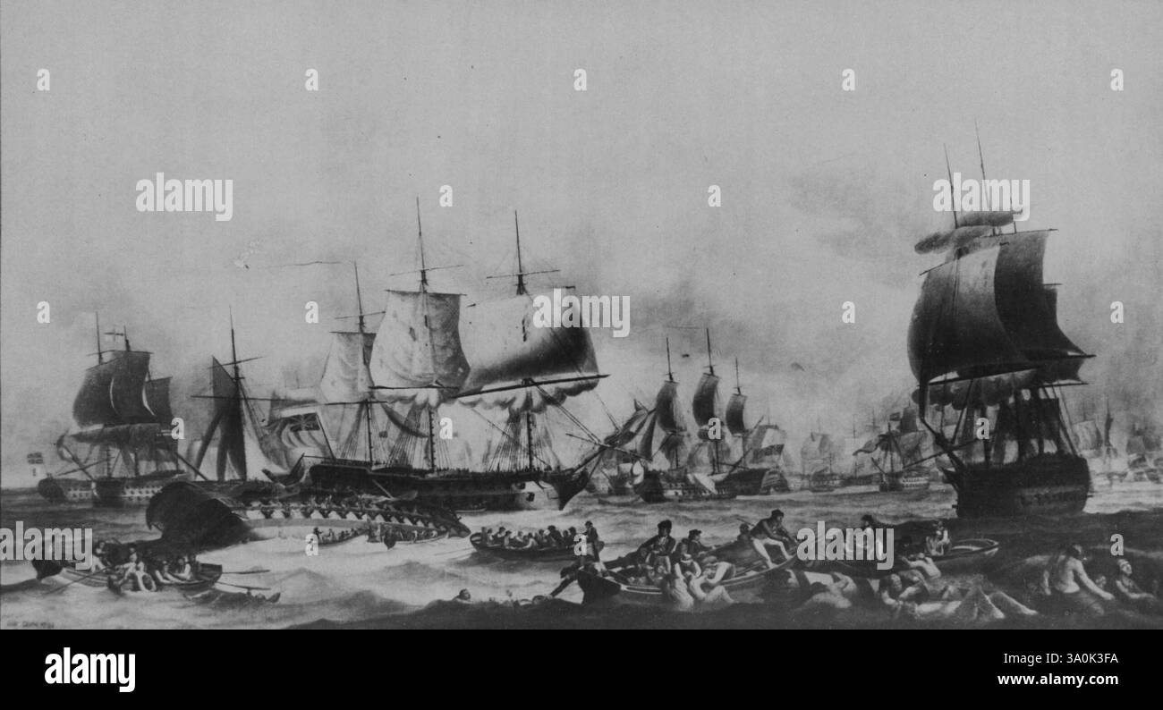 A Giffto the Nation -- Eine Reproduktion des Marinemalings "Lord Howe's Victory" von Robert Dodd, das in der Parker Gallery in London zu sehen ist. Es wurde in einer Taverne im East End entdeckt und von einem anonymen Spender gekauft, um es der britischen Nation zu überreichen. April 1934. Stockfoto