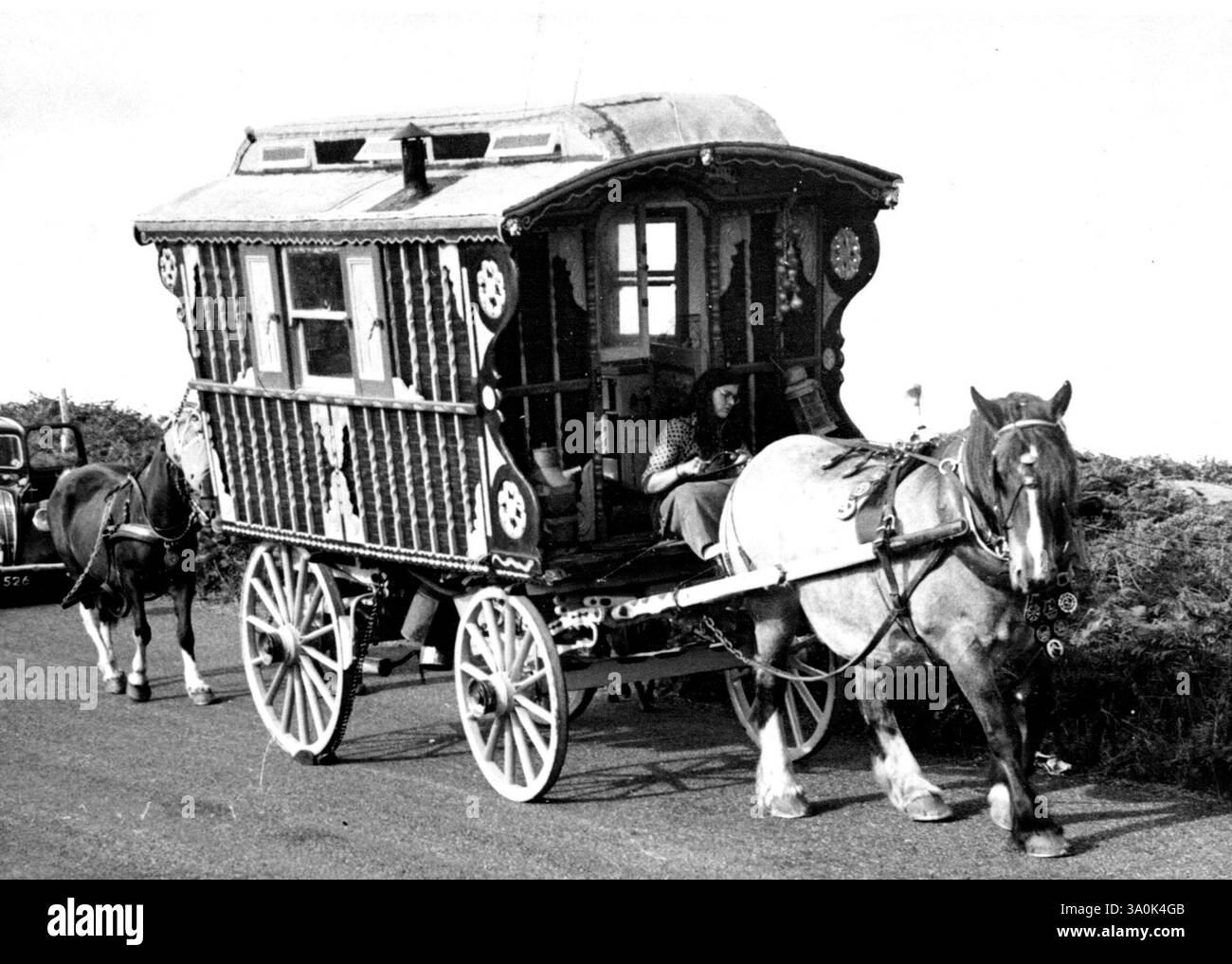 Romantische Liebe von Cornwall nach New Forest in der 100 Jahre alten Caravan - Mrs. Berlin saß auf der 100 Jahre alten Caravan, bevor sie die Reise von St. Ives in den New Forest begann. Mr. Sven Berlin, ein Bildhauer, seine Künstlerin Ehefrau Jaunita und aus der Leichtigkeit des Krüppels, in der Nähe von St. Ives, um sich im Neuen Wald niederzulassen. Unter Verachtung moderner Transportmethoden wollen sie die Reise in einem bunt bemalten Pferdewagen, der 100 Jahre alt ist, machen. September 1953. (Foto von Fox Photos). Stockfoto