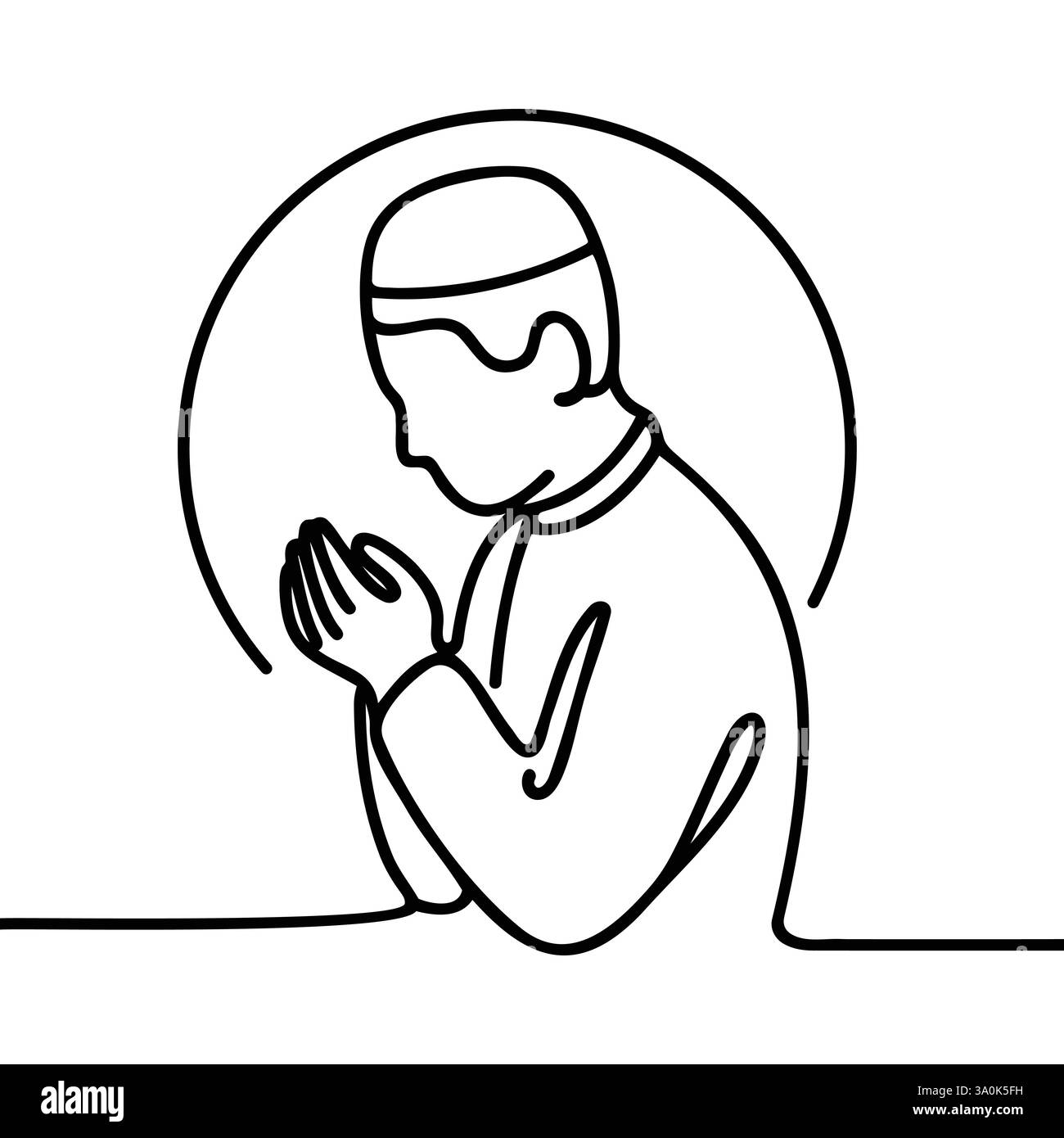 Kontinuierliche einzeilige Zeichnung des muslimischen Gebets. Einzeilige Zeichnung Illustration des sitzenden und betenden muslimischen Menschen. Ramadan kareem Konzept Vektorkunst Stock Vektor