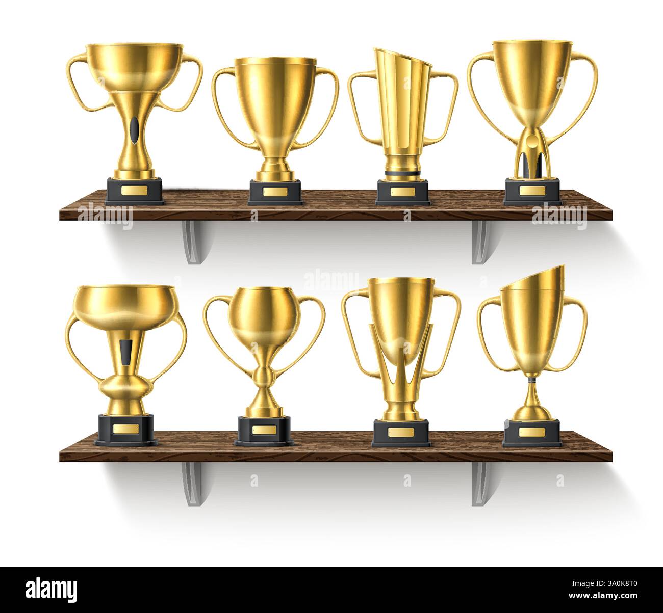 Holzregale mit Trophäenbechern. Golden Glossy Awards. 3D-Siegerprämien für Regale. Innenregal an der Wand. Erster Platz. Meisterschaftsleistung. Co Stock Vektor