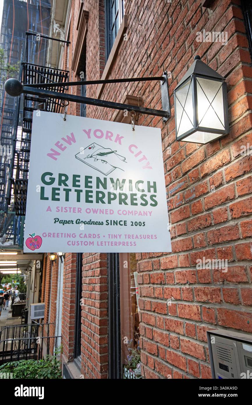Schild des Greenwich Letterpress Shops, Greenwich Village, Manhattan, New York City, USA Stockfoto