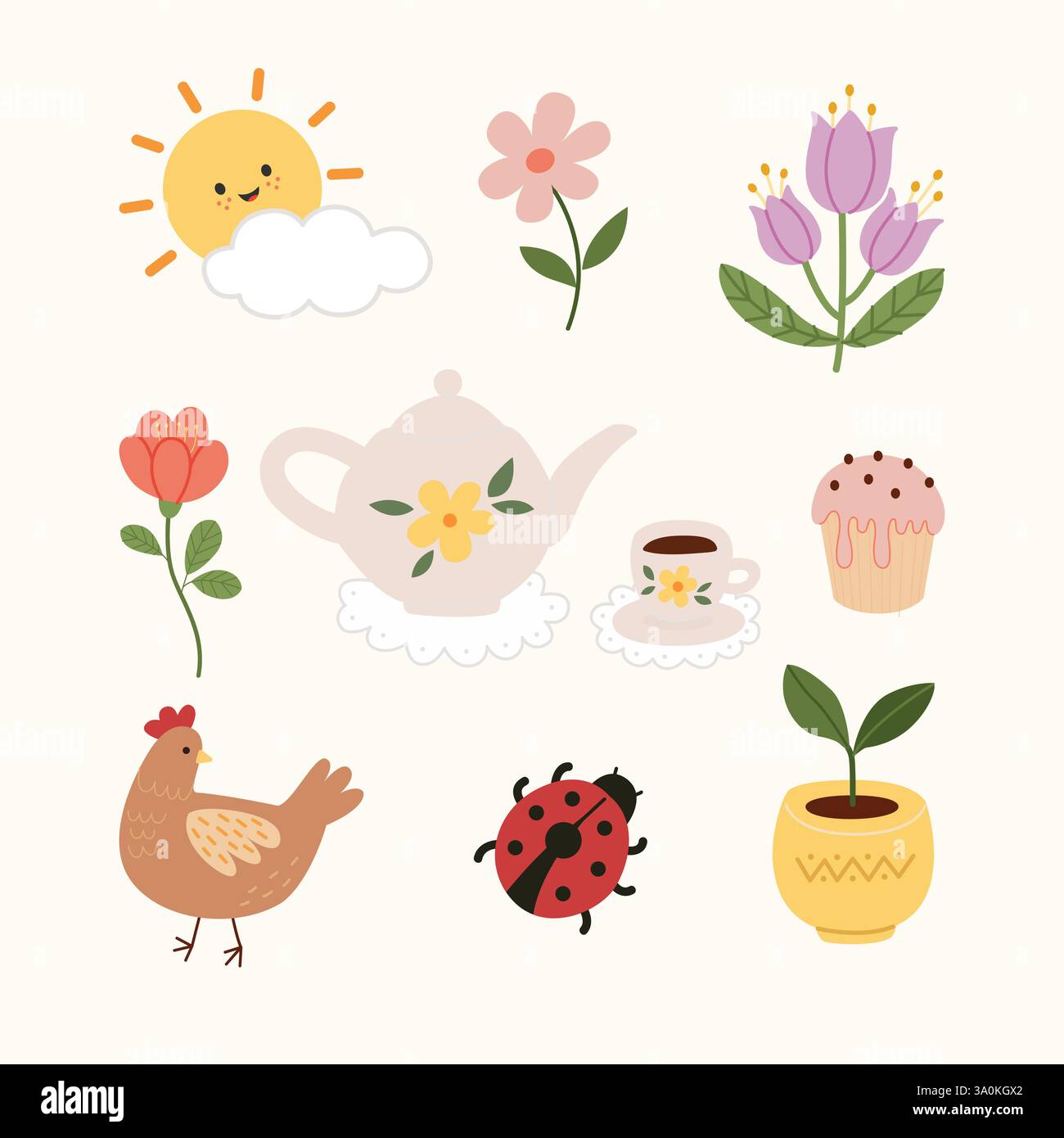 Set mit niedlichen Federelementen. Frühling handgezeichnete Blumen, Pflanzen und andere. Stock Vektor