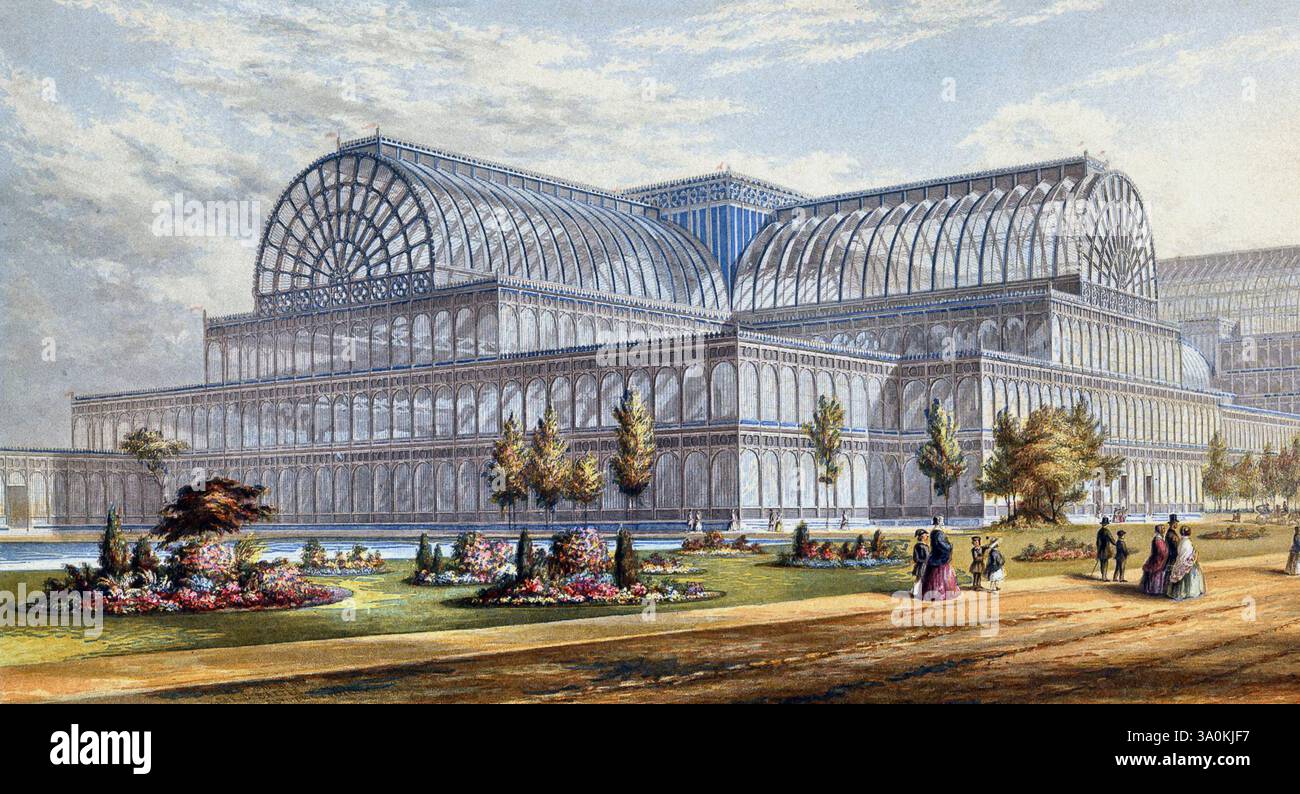 London – die erste Universalausstellung fand 1851 in London in einem großen Park im Zentrum der Stadt statt: Dem Hyde Park. Das Gebäude, in dem Tausende von Ausstellern untergebracht werden sollten (ca. 14.000!) Wurde Kristallpalast genannt, eine gigantische transparente Struktur aus Glas und Eisen. Stockfoto