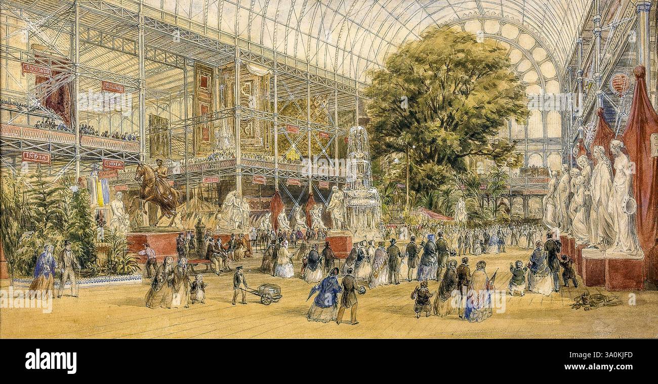 London – die erste Universalausstellung fand 1851 in London in einem großen Park im Zentrum der Stadt statt: Dem Hyde Park. Das Gebäude, in dem Tausende von Ausstellern untergebracht werden sollten (ca. 14.000!) Wurde Kristallpalast genannt, eine gigantische transparente Struktur aus Glas und Eisen. Stockfoto