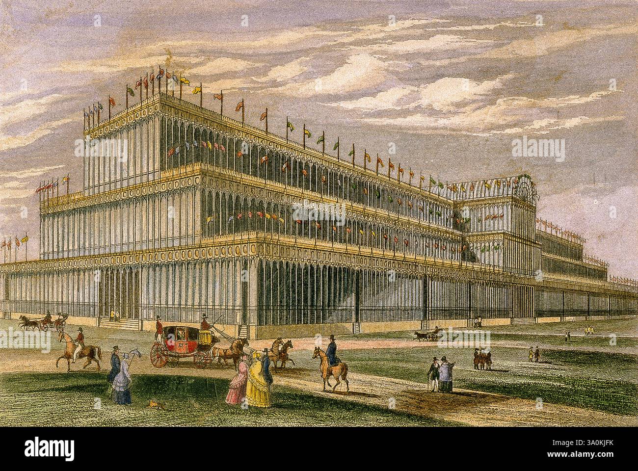 London – die erste Universalausstellung fand 1851 in London in einem großen Park im Zentrum der Stadt statt: Dem Hyde Park. Das Gebäude, in dem Tausende von Ausstellern untergebracht werden sollten (ca. 14.000!) Wurde Kristallpalast genannt, eine gigantische transparente Struktur aus Glas und Eisen. Stockfoto