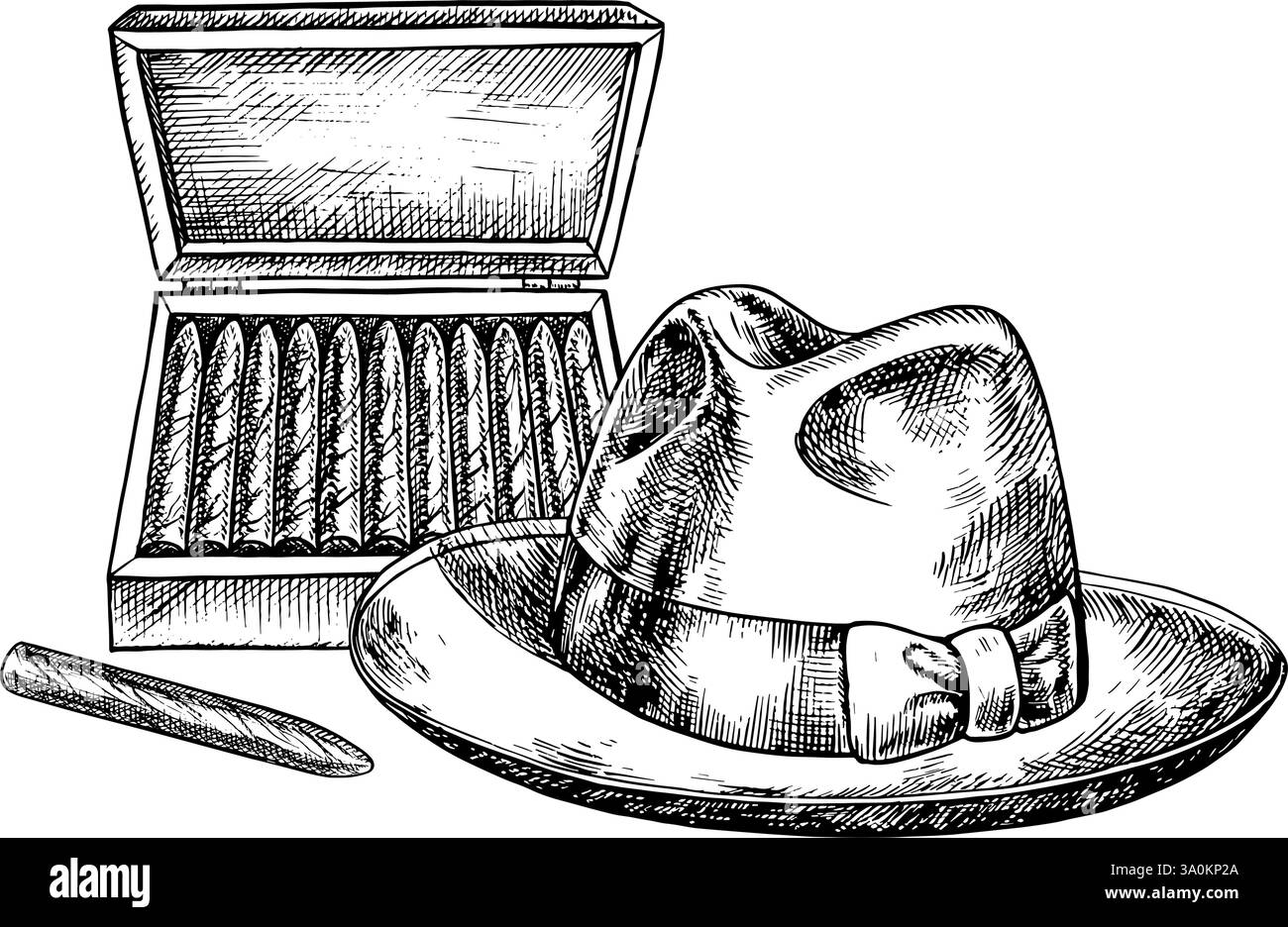 Ein Männerhut und eine Schachtel teure Zigarren. Eine Vektorgrafik von Hand. Schwarz-weiß-Bild im Vintage-Stil. Vom Backg trennen Stock Vektor