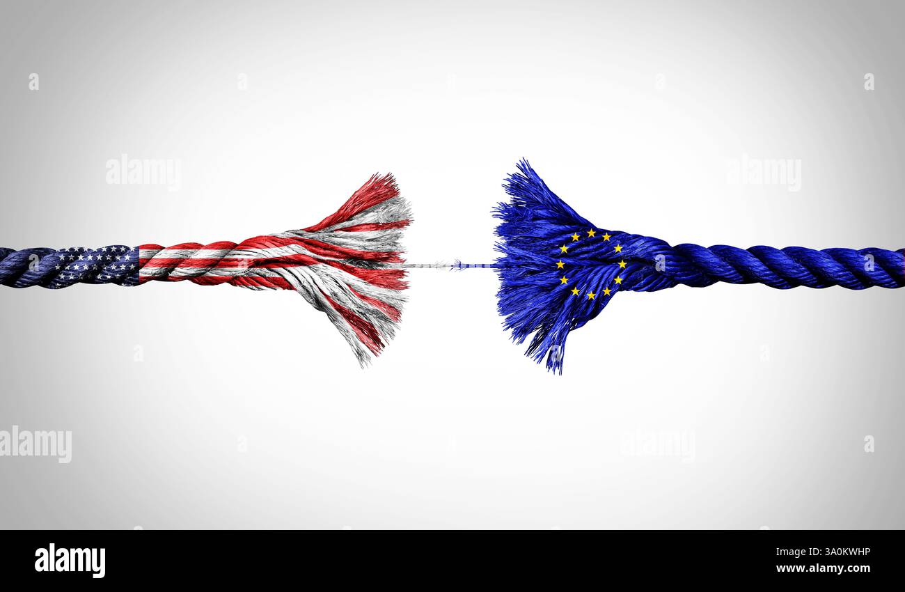 Das Krisenkonzept der EU und der USA als gebrochenes Seil dehnte sich mit Gewalt aus und betonte zu einer Entkopplung des Drucks auf die wirtschaftlichen und politischen Beziehungen Stockfoto