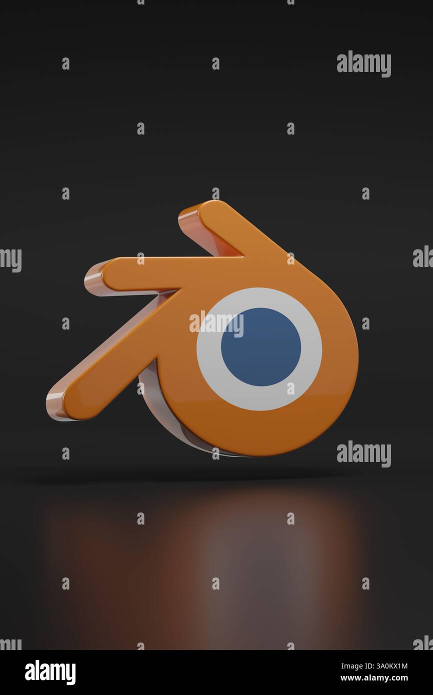 Buenos Aires, Argentinien - 28. Januar 2025: Dreidimensionales Logo der Blender-Software. 3D-Abbildung. Stockfoto