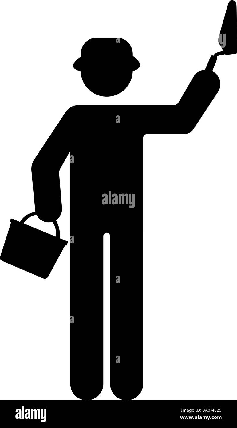 Mason mit einer Kelle und Mischwanne Piktogramm-Abbildung Stock Vektor