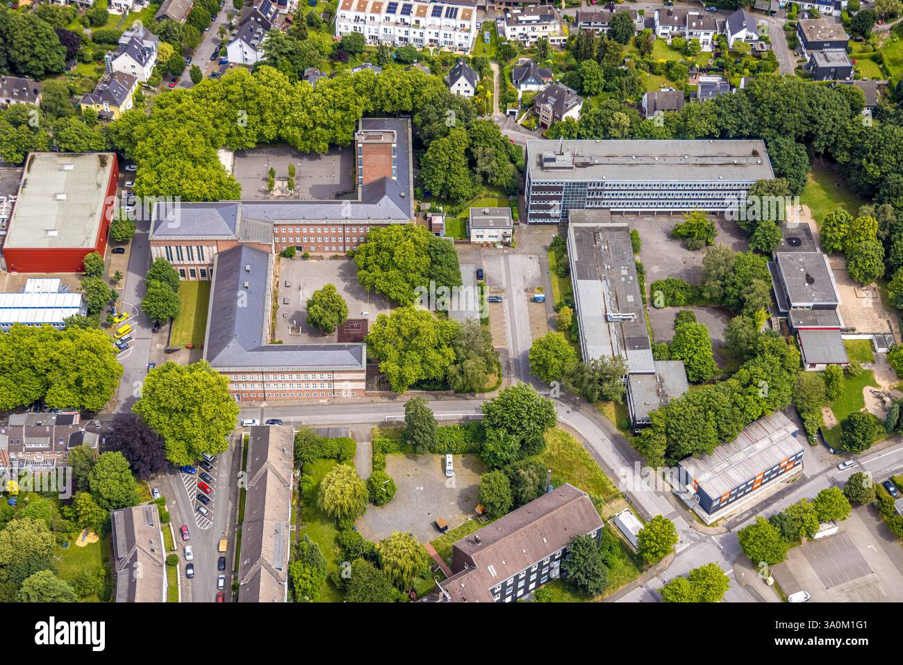 Luftaufnahme, Realschule Stadtmitte und Berufskolleg Stadtmitte, Altstadt I - Südost, Mülheim an der Ruhr, Ruhrgebiet, Nordrhein-Westfalen, Deutschland Stockfoto