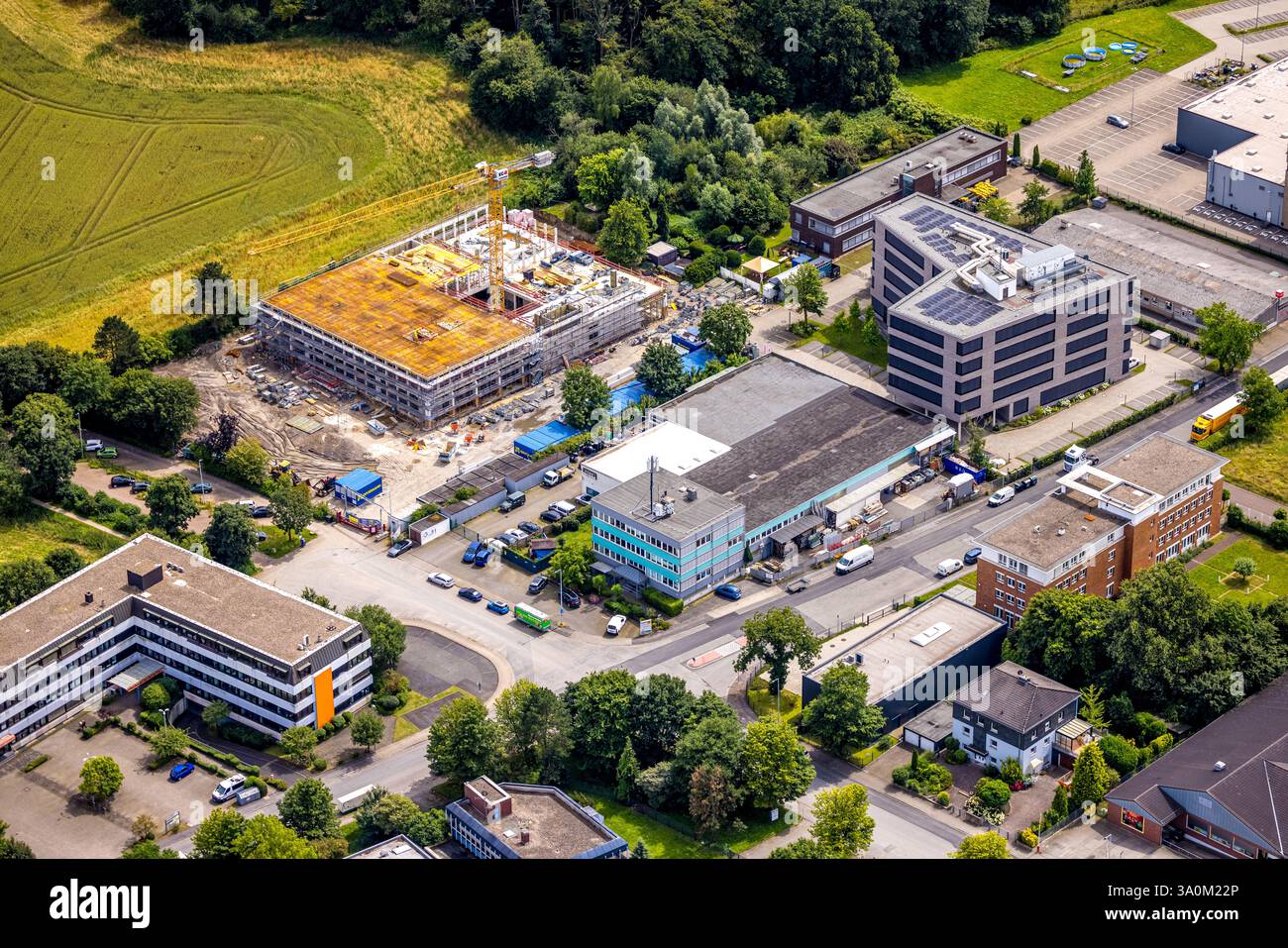 Luftaufnahme, Baustelle mit Neubau an der Solinger Straße, Saarn, Mülheim an der Ruhr, Ruhrgebiet, Nordrhein-Westfalen, Deutschland Stockfoto