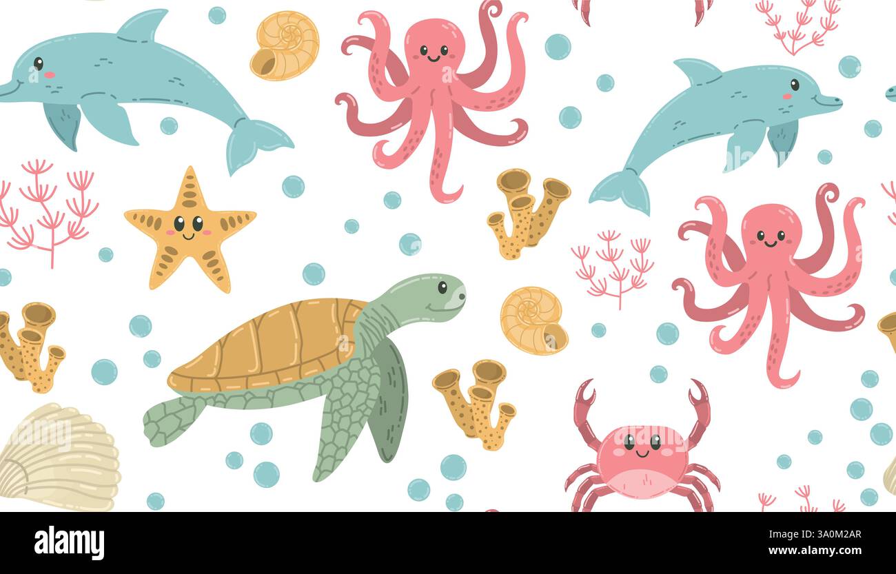 Spielerisch tanzende Meerestiere, nahtloses Muster. Schildkröten-, Delfine-, Kraken- und Krabbenhintergrund und Bekleidungsdesign. Stock Vektor