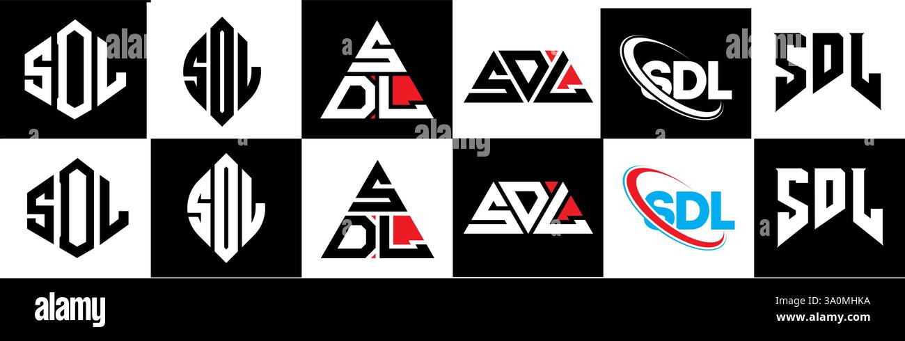 SDL Letter-Logo im sechs-Stil. SDL Polygon, Kreis, Dreieck, Sechseck, flach und schlicht mit schwarz-weißem Buchstaben-Logo in verschiedenen Farben Stock Vektor
