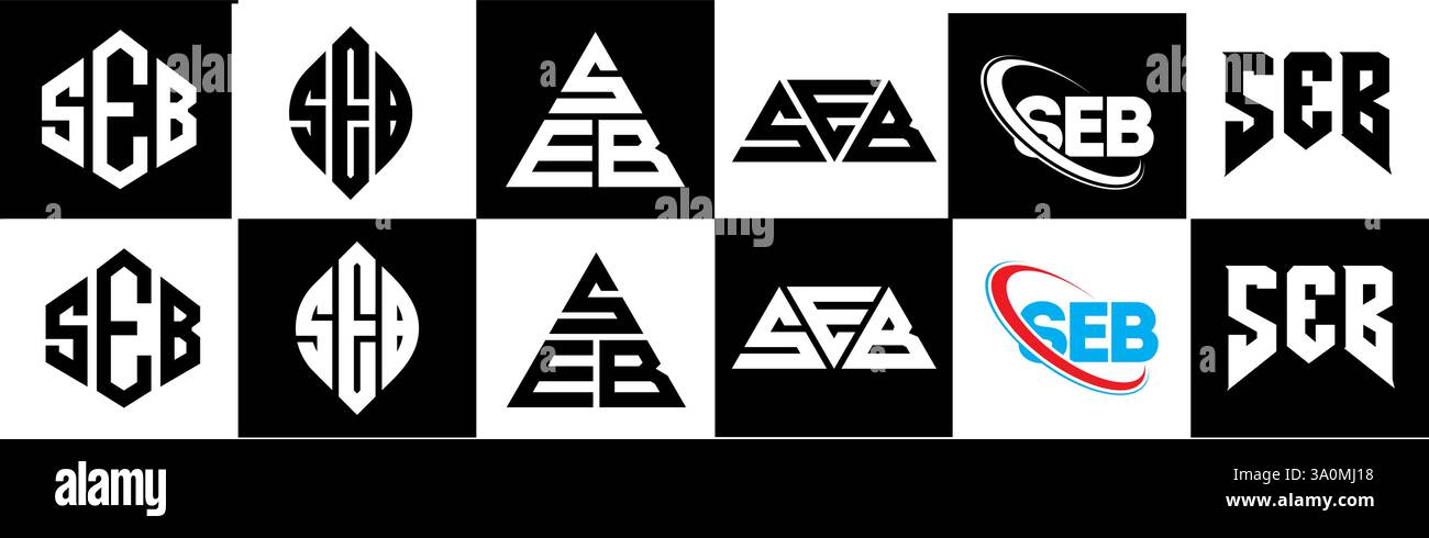 SEB-Letter-Logo im 6-Stil. SEB-Polygon, Kreis, Dreieck, Sechseck, flach und schlicht mit schwarz-weißem Buchstaben-Logo in verschiedenen Farben Stock Vektor