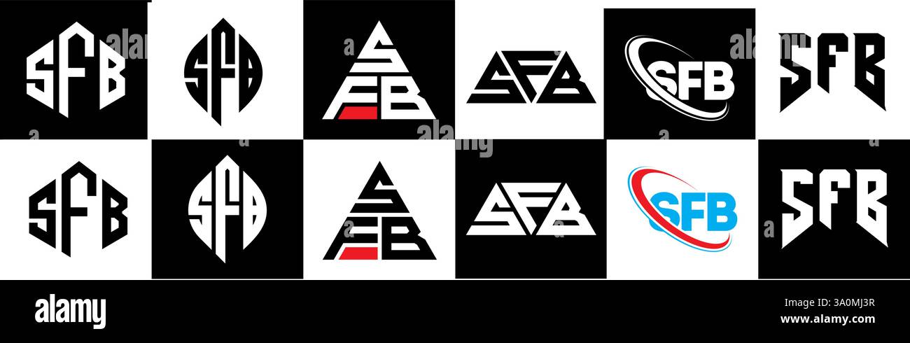 SFB-Letter-Logodesign im 6-Stil. SFB-Polygon, Kreis, Dreieck, Sechseck, flacher und einfacher Stil mit schwarzem und weißem Buchstaben-Logo in verschiedenen Farben Stock Vektor