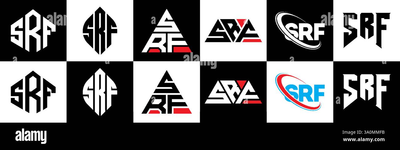 SRF-Letter-Logo im 6-Stil. SRF Polygon, Kreis, Dreieck, Sechskant, flach und einfach mit schwarz-weißem Buchstaben-Logo in verschiedenen Farben Stock Vektor