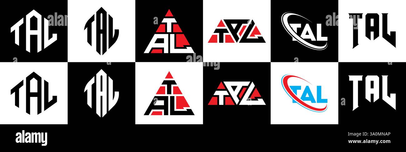 TAL Letter-Logo im 6er-Stil. TAL Polygon, Kreis, Dreieck, Sechseck, flach und schlicht mit schwarz-weißem Buchstaben-Logo in verschiedenen Farben Stock Vektor
