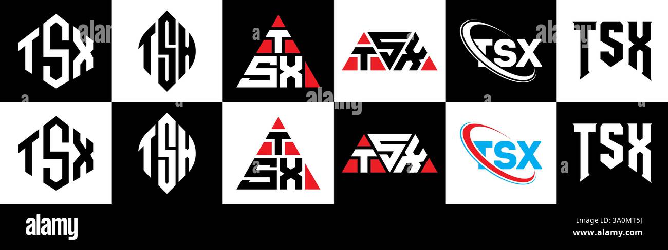 TSX Letter-Logo im 6-Stil. TSX Polygon, Kreis, Dreieck, Sechseck, flach und schlicht mit schwarz-weißem Schriftzug Stock Vektor