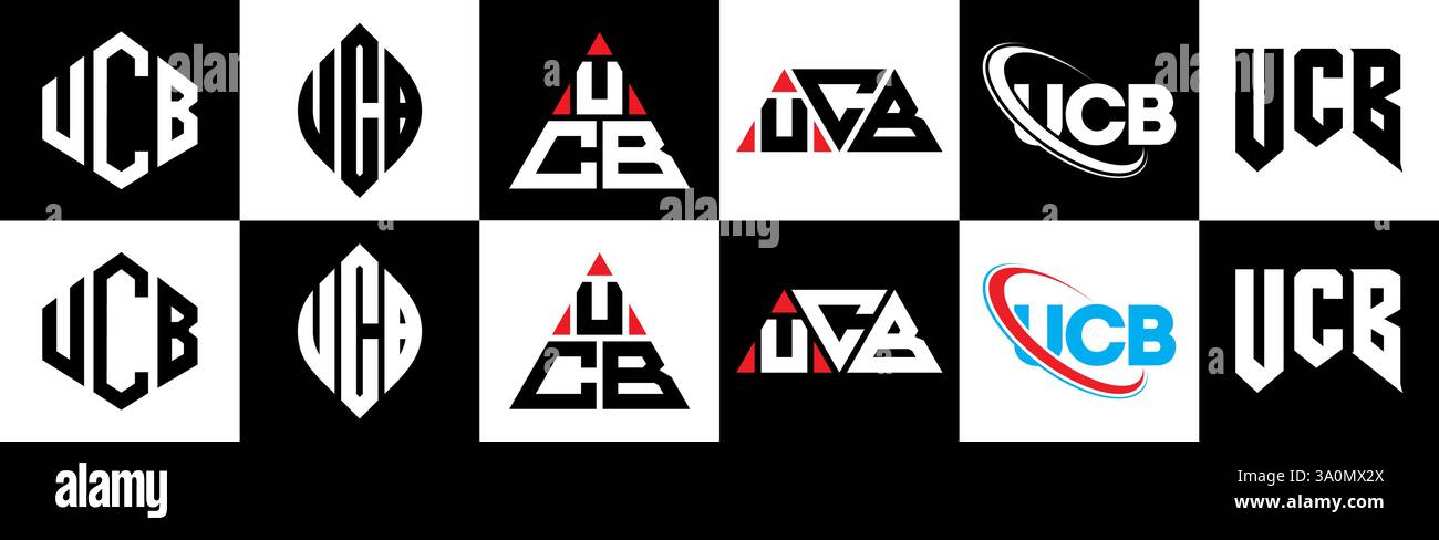 UCB Letter Logodesign im Six-Stil. UCB Polygon, Kreis, Dreieck, Sechseck, flach und schlicht mit schwarz-weißem Schriftzug Stock Vektor