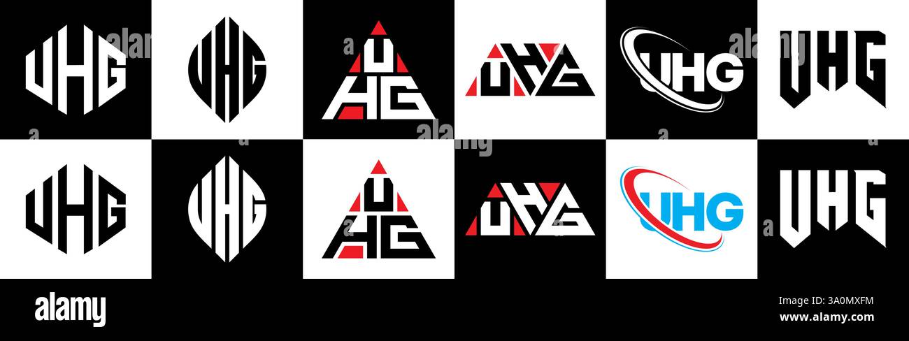 UHG Letter Logodesign im Six Style. UHG Polygon, Kreis, Dreieck, Sechseck, flach und schlicht mit schwarz-weißem Buchstaben-Logo in verschiedenen Farben Stock Vektor