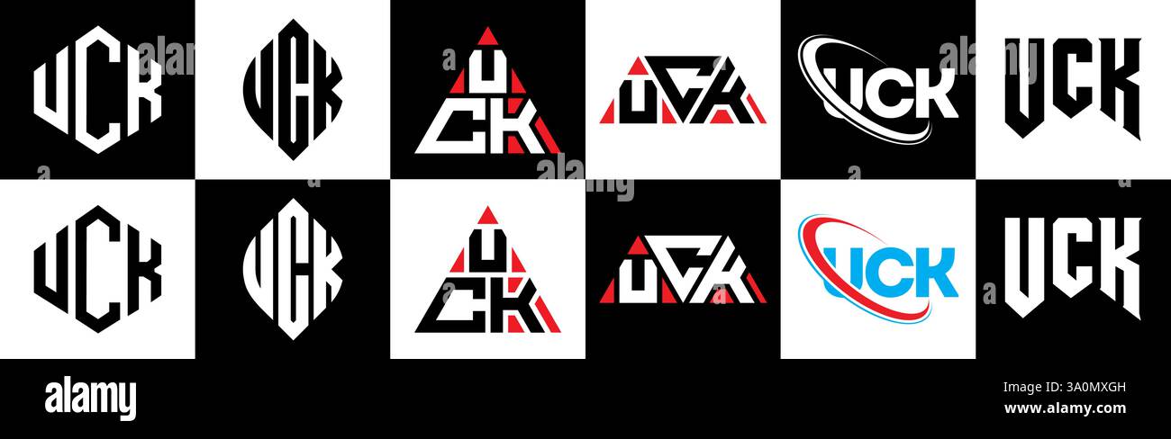 UCK Letter-Logo im 6er-Stil. UCK Polygon, Kreis, Dreieck, Sechskant, flach und einfach mit schwarz-weißem Buchstaben-Logo in verschiedenen Farben Stock Vektor