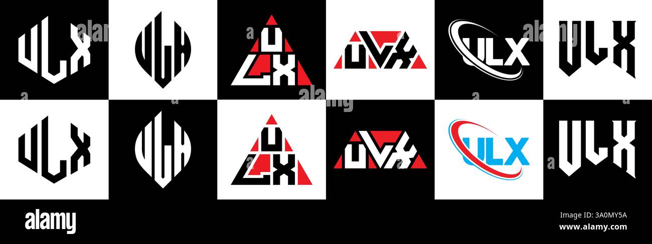 Design mit ULX Letter-Logo im 6er-Stil. ULX-Polygon, Kreis, Dreieck, Sechseck, flach und einfach mit schwarz-weißem Schriftzug Stock Vektor