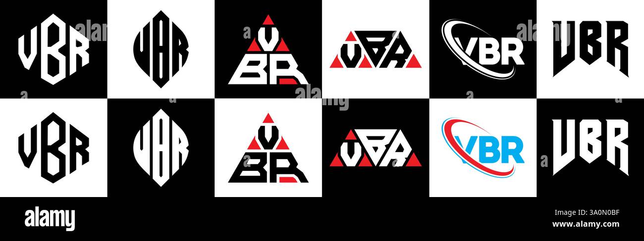 VBR-Letter-Logodesign im 6-Stil. VBR-Polygon, Kreis, Dreieck, Sechseck, flach und schlicht mit schwarz-weißem Schriftzug Stock Vektor