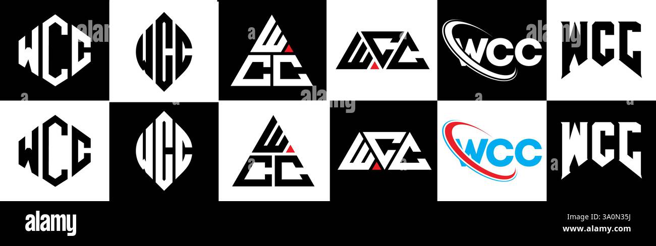 Design mit WCC-Letter und Logo im 6-Stil. WCC-Polygon, Kreis, Dreieck, Sechseck, flach und schlicht mit schwarz-weißem Schriftzug Stock Vektor