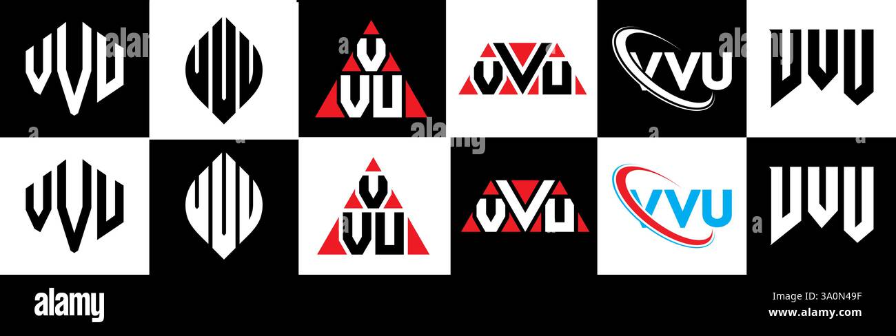 VVU-Letter-Logodesign im 6-Stil. VVU-Polygon, Kreis, Dreieck, Sechseck, flach und schlicht mit schwarz-weißem Schriftzug Stock Vektor