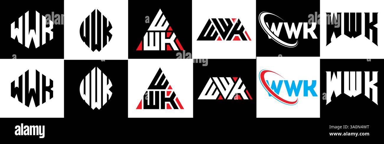 WWK Letter-Logo im 6er-Stil. WWK Polygon, Kreis, Dreieck, Sechseck, flacher und einfacher Stil mit schwarz-weißem Schriftzug Stock Vektor