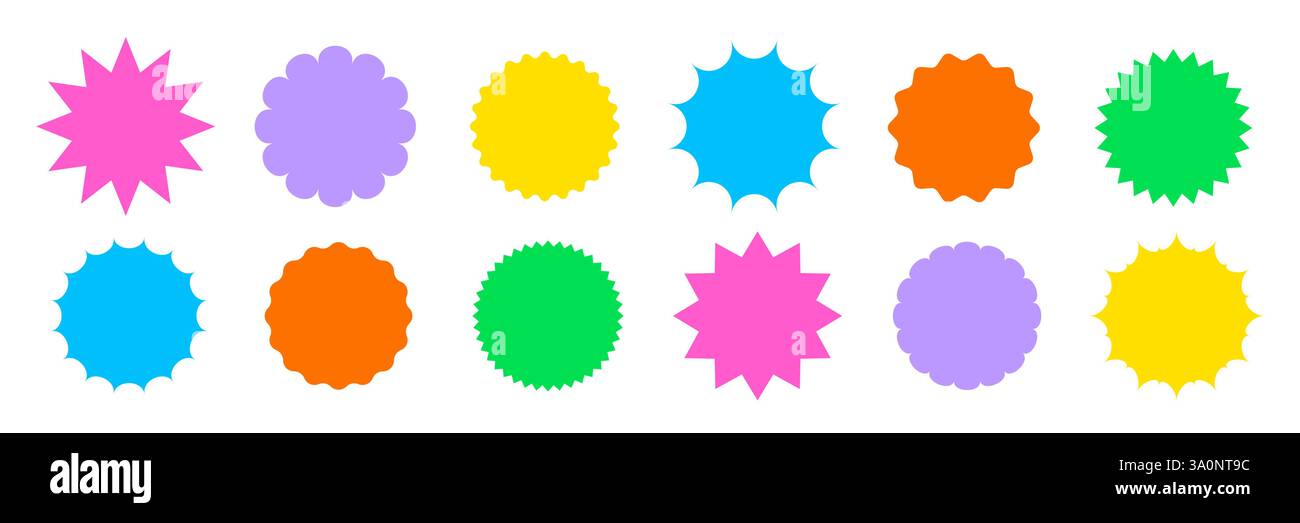 Rundes Sternenaufkleber-Symbol-Set. Kreisförmige Starburst-Etikettenform für Werbeabzeichen, Sonderangebot, Preisangebot. Symbol für runden Tag-Form-Vektor. Sonderangebot mit grafischem Design. Vektorabbildung. Stock Vektor