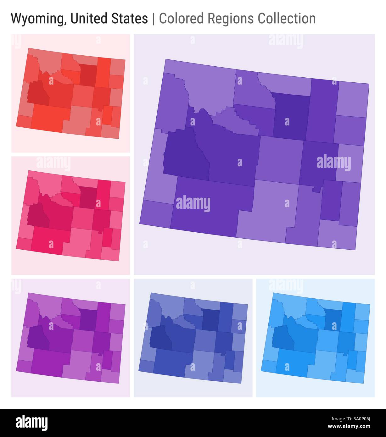 Wyoming, Usa. Kartensammlung. Statusform. Farbige Bezirke. Dunkelviolett, Rot, Rosa, Lila, Indigo, blaue Farbpaletten. Stock Vektor